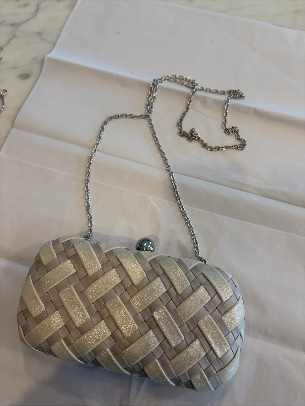 Woven Metallic Silver Evening Clutch with Chain Strap